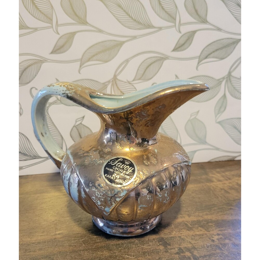 1950s Savoy China 24 Karat Gold Ceramic Ewer Pitcher Vase - Turquoise and Gold